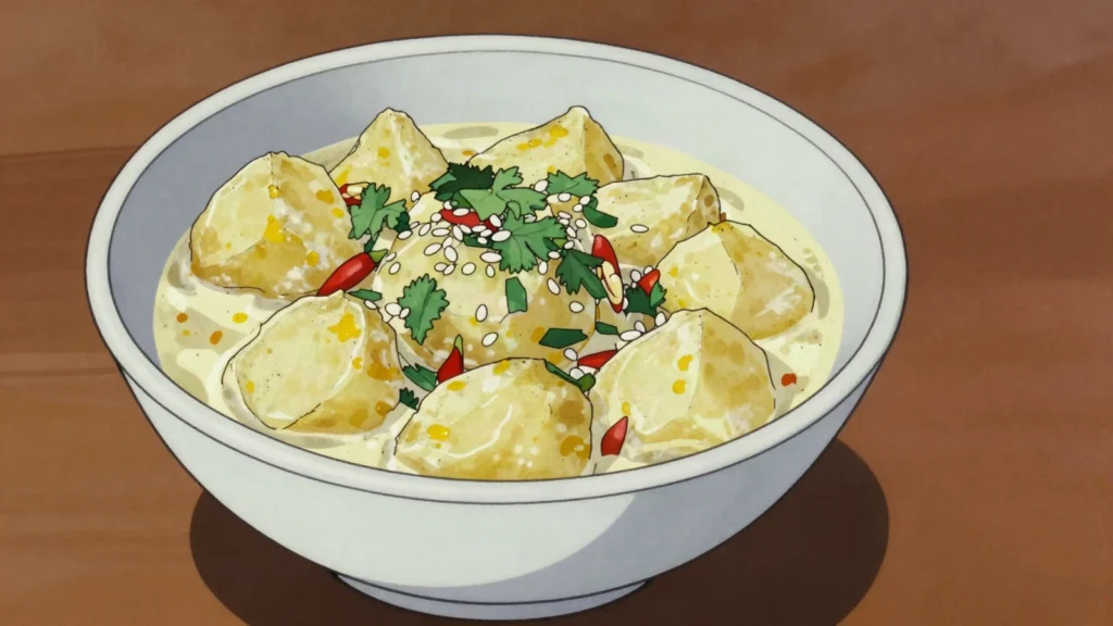 Chukauni, boiled potatoes dressed with yoghurt, fenugreek, sesame and chilli, Nepal salad & side, anime style