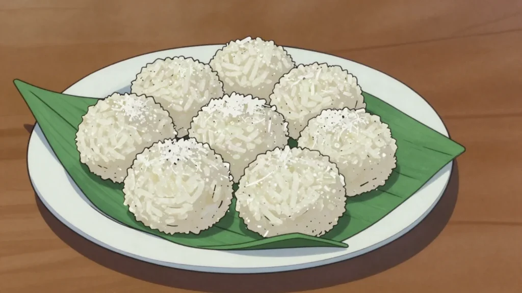 Chukuchuk, warm rice balls rolled in fresh grated coconut, Marshall Islands snack, anime style