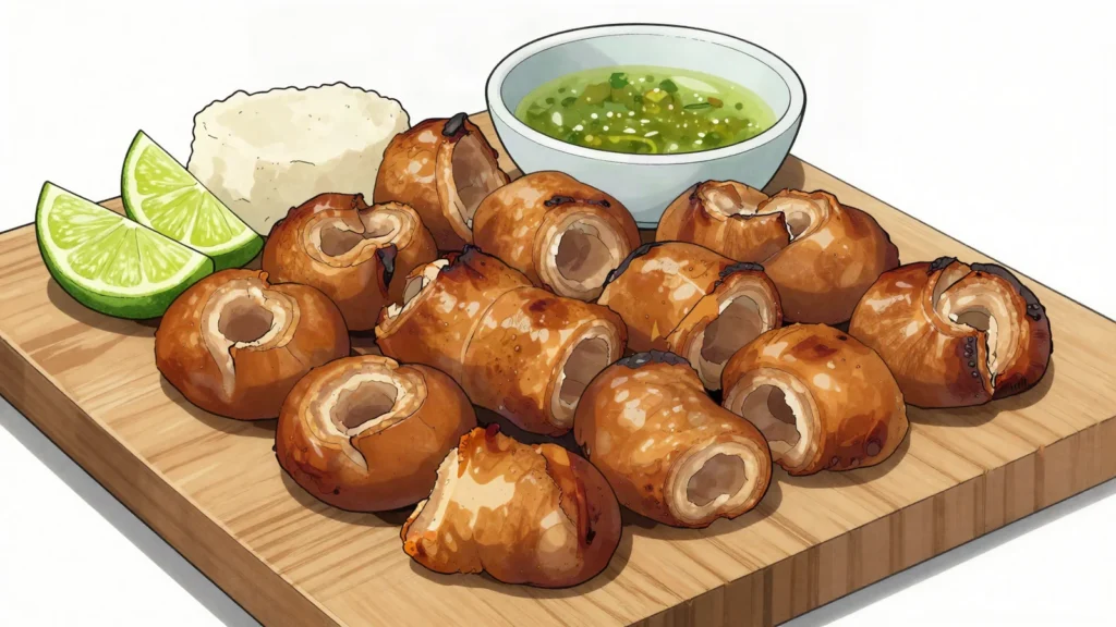 Chunchullo, grilled small intestine, crisp outside, eaten with lime and aji, Colombia street food, anime style