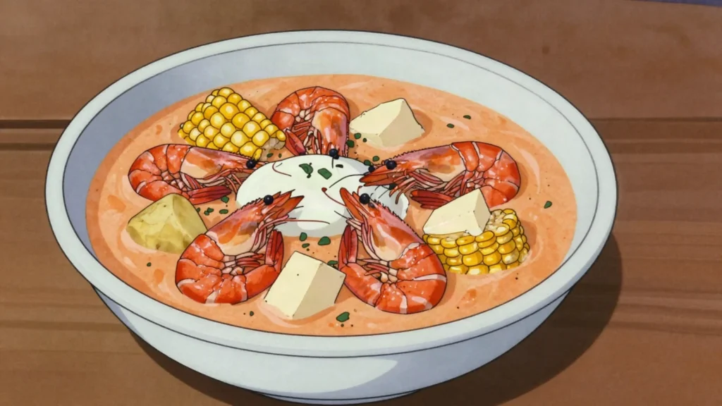 Chupe de camarones, arequipa river-shrimp chowder with milk, corn and egg, Peru soup & stew, anime style