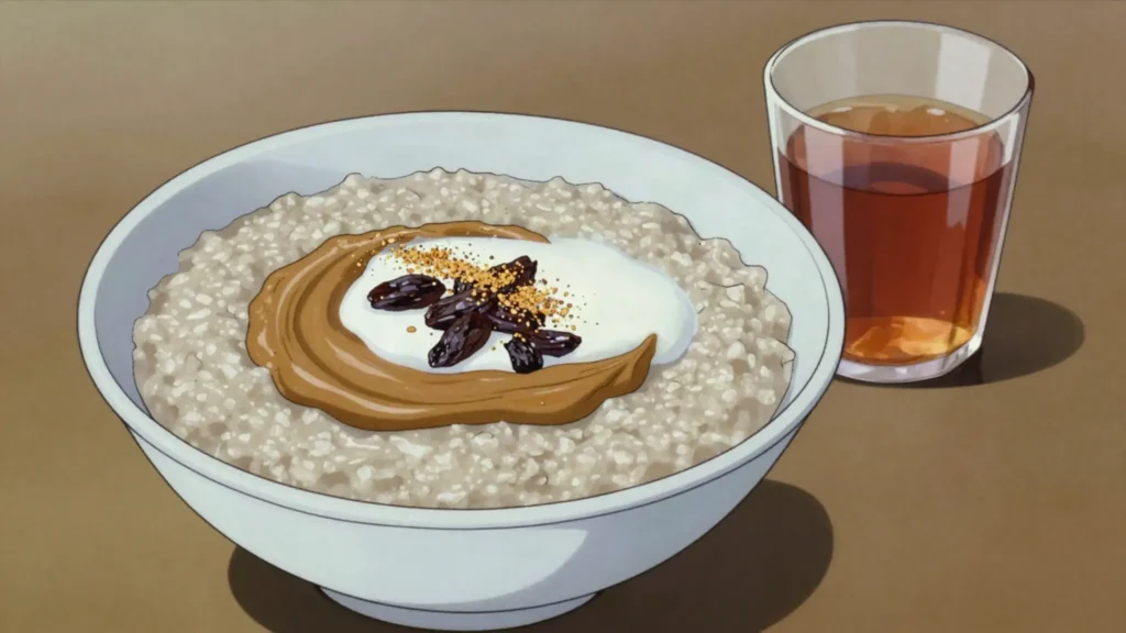 Chura gerteh, millet porridge with peanut paste and sour milk, eaten from a bowl, Gambia breakfast, anime style