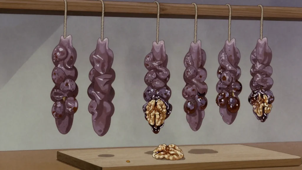 Churchkhela, strung walnuts dipped in thickened grape must, dried into chewy candles, Georgia snack, anime style
