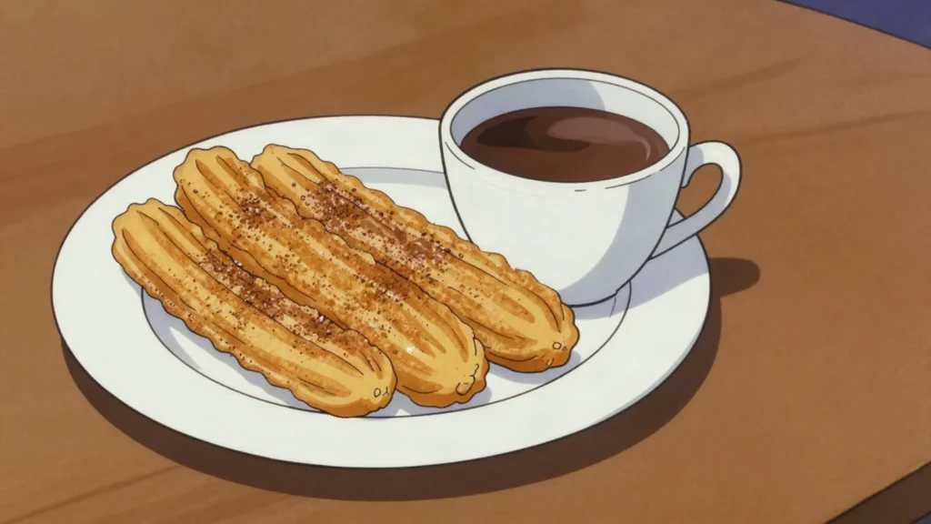 Churros, fried ridged dough rolled in cinnamon sugar, dipped in chocolate, Mexico street food, anime style