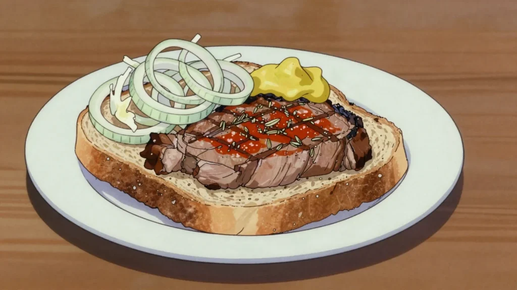 Cigánska pečienka, grilled pork steak in bread with mustard, onion and horseradish, Slovakia street food, anime style