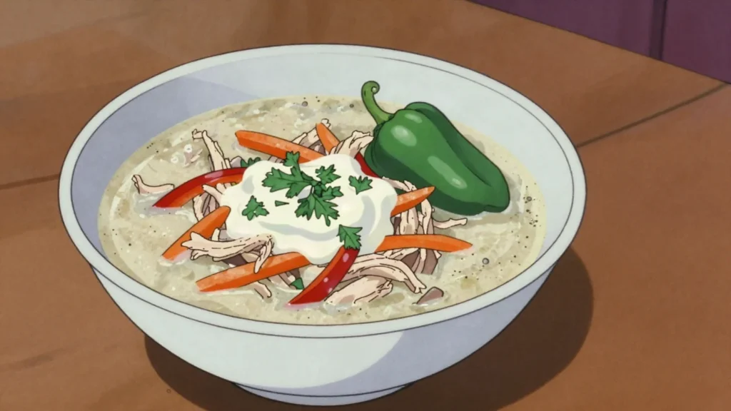 Ciorba radauteana, creamy sour chicken soup with garlic, soured with cream and vinegar, Romania soup & stew, anime style