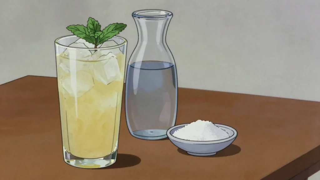 Citron presse, fresh lemon juice served with water and sugar to mix yourself, Monaco drink, anime style