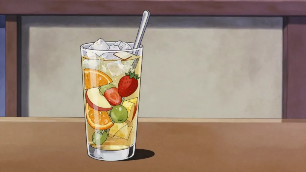Clericó, white wine punch with chopped fruit, served cold at Christmas, Argentina cocktail, anime style
