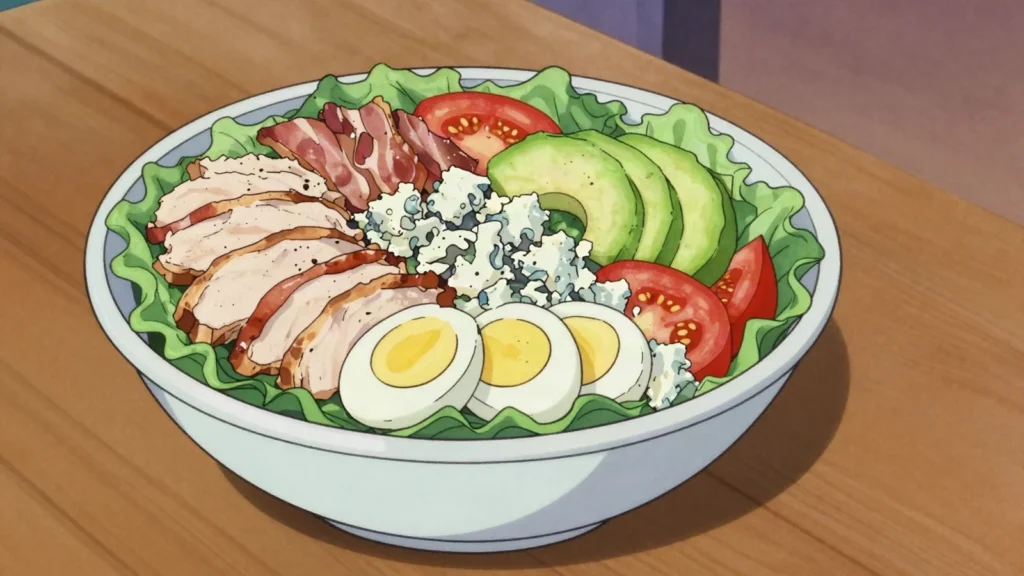 Cobb salad, chopped salad of chicken, bacon, egg, avocado, blue cheese, United States salad & side, anime style