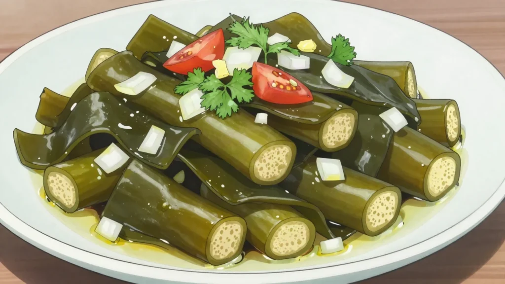 Cochayuyo, dried bull kelp, soaked and cooked into salads and stews, Chile salad & side, anime style
