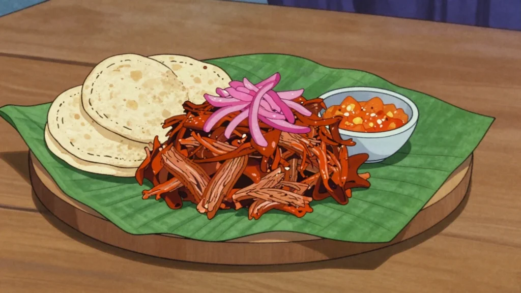 Cochinita pibil, yucatecan achiote pork slow-roasted in banana leaves, Mexico main, anime style