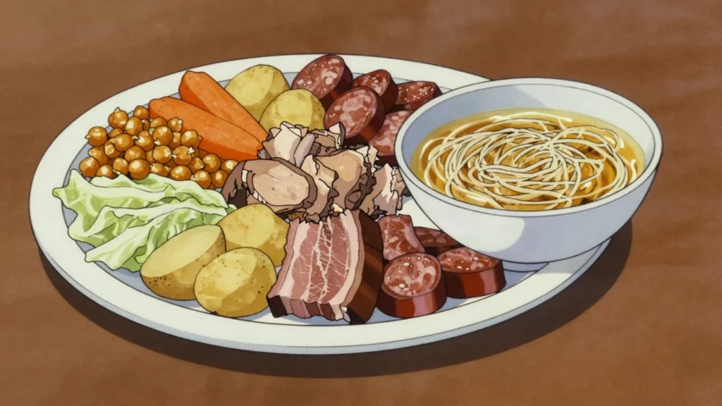 Cocido madrileño, chickpea and meat boiled dinner served in courses, Spain soup & stew, anime style