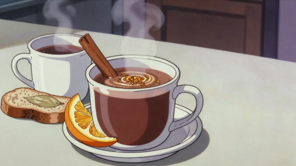 Cocoa tea, spiced hot drink grated from cocoa sticks, Dominica drink, anime style