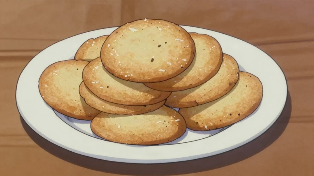 Coconut cookies, crisp fried rounds of flour, coconut and sugar, sold in stacks, Sierra Leone snack, anime style