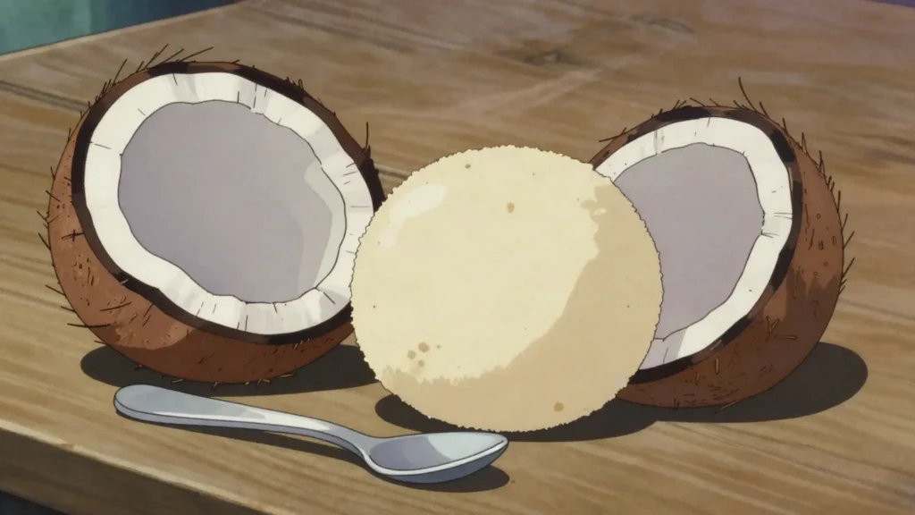 Coconut Sprout, spongy sweet embryo inside a germinating coconut, scooped out and eaten raw, Kiribati snack, anime style