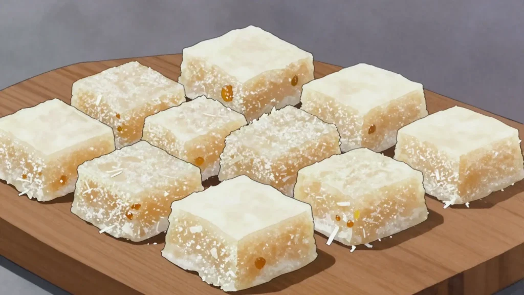 Coconut tablet, grated coconut boiled hard with sugar and ginger into set slabs, Dominica dessert, anime style