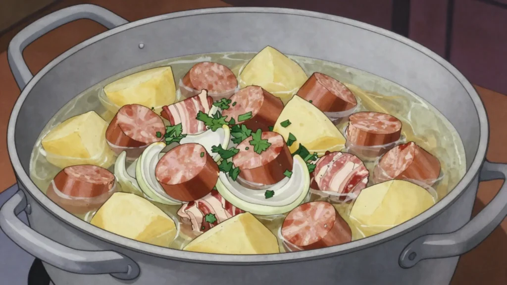 Coddle, dublin pot of sausages, bacon, onions, potatoes, Ireland soup & stew, anime style