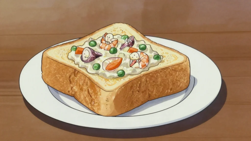Coffin Bread, tainan fried toast box filled with creamy seafood chowder, Taiwan street food, anime style