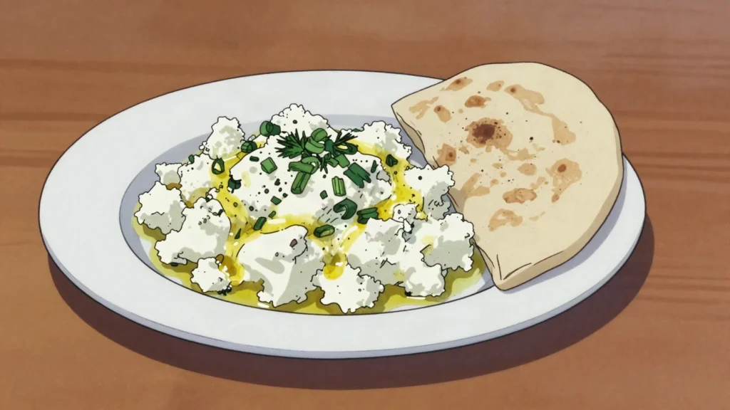 Cokelek, dry crumbly curd cheese made from buttermilk, mixed with herbs for breakfast, Turkey cheese & dairy, anime style