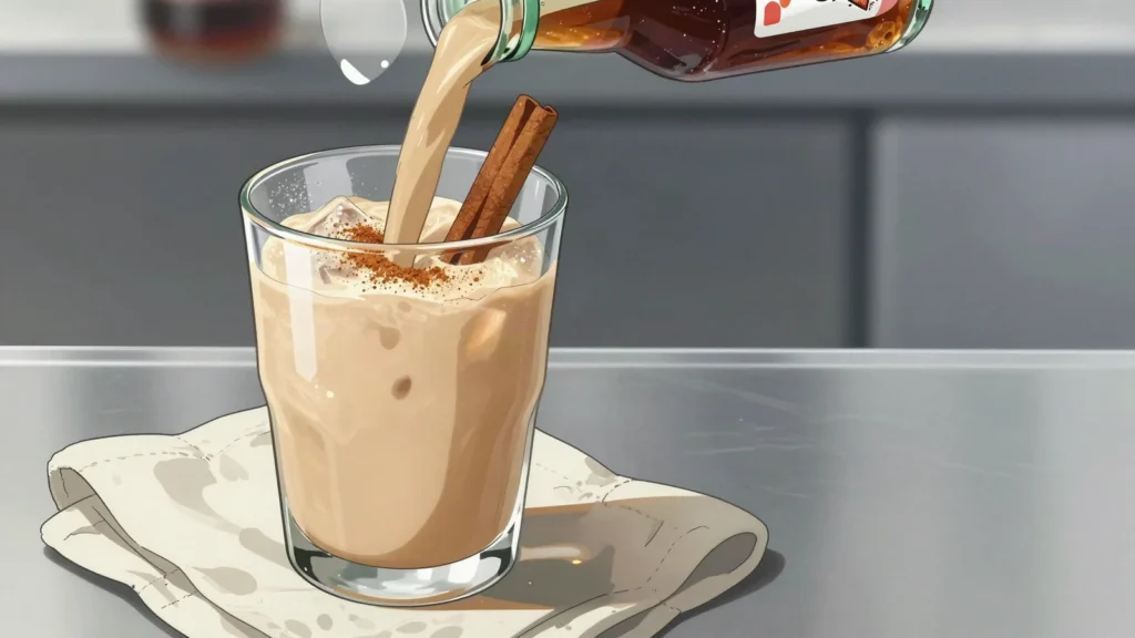 Cola de mono, cold aguardiente with milk, coffee, sugar and cloves, bottled for Christmas, Chile cocktail, anime style