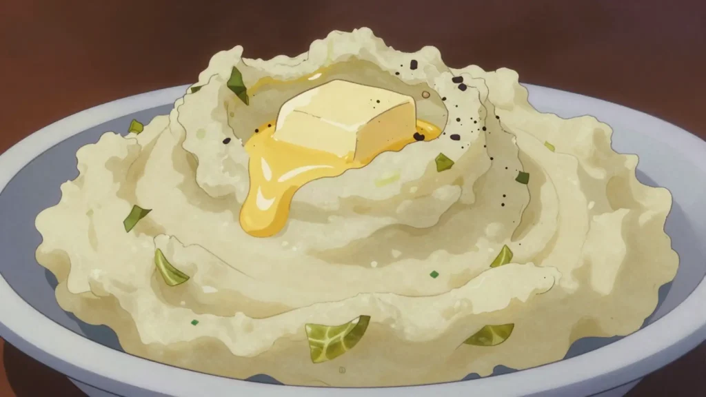 Colcannon, mashed potatoes folded with kale or cabbage and butter, Ireland salad & side, anime style