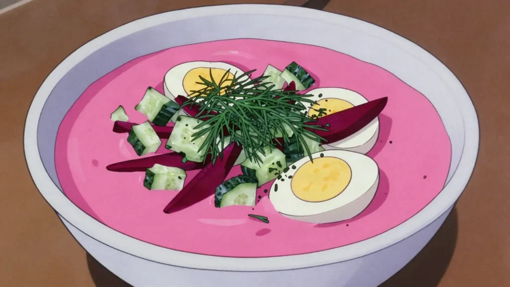 Cold beet soup, chilled pink kefir-beet soup with cucumber, egg, dill, Latvia soup & stew, anime style