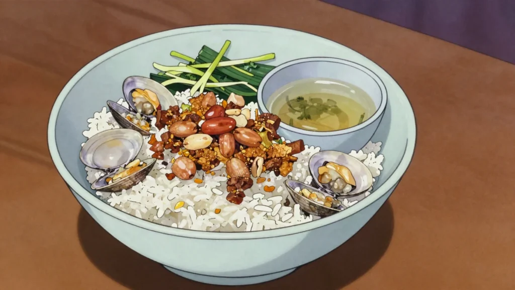 Com Hen, cold rice with tiny river clams, herbs, crackling and clam broth, Vietnam main, anime style