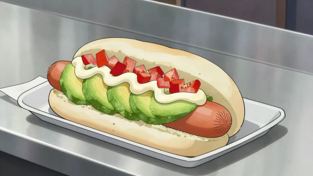 Completo, hot dog buried in avocado, tomato and mayo, italiano style, Chile street food, anime style