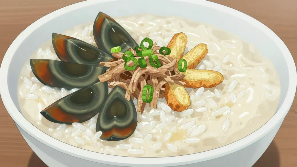 Congee, slow-simmered rice porridge topped with century egg, pork or pickles, China breakfast, anime style