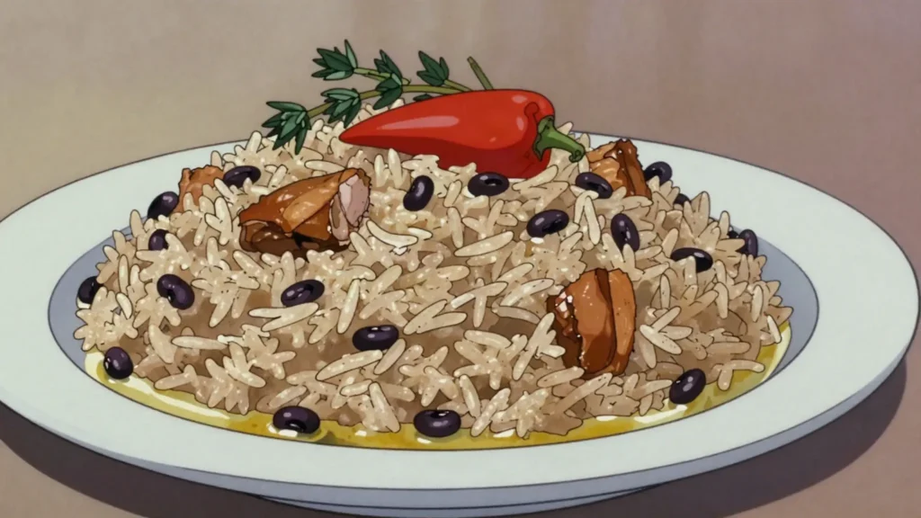 Cook-up rice, one-pot rice, black-eyed peas and meats in coconut milk, Guyana main, anime style