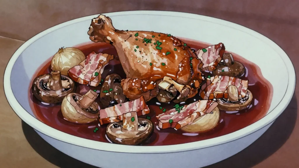 Coq au vin, chicken braised in red wine with lardons, mushrooms, onions, France main, anime style