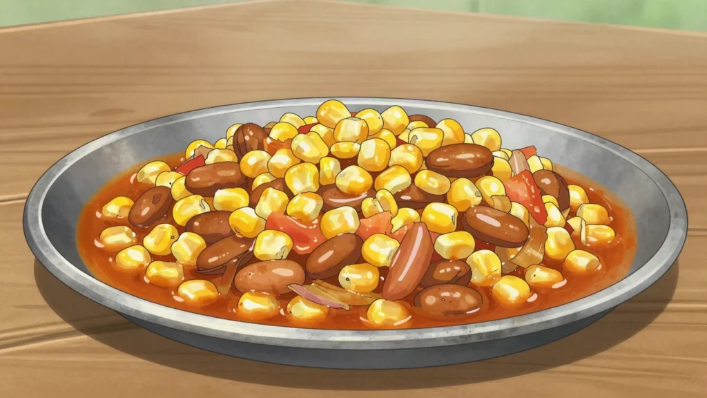 Corn chaff, boiled corn and beans stewed with palm oil and spices, Cameroon main, anime style