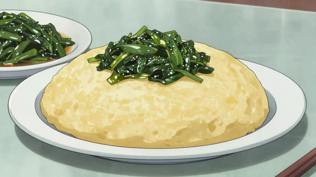 Corn fufu and njama njama, grassfields corn dough with sautéed huckleberry greens, Cameroon main, anime style