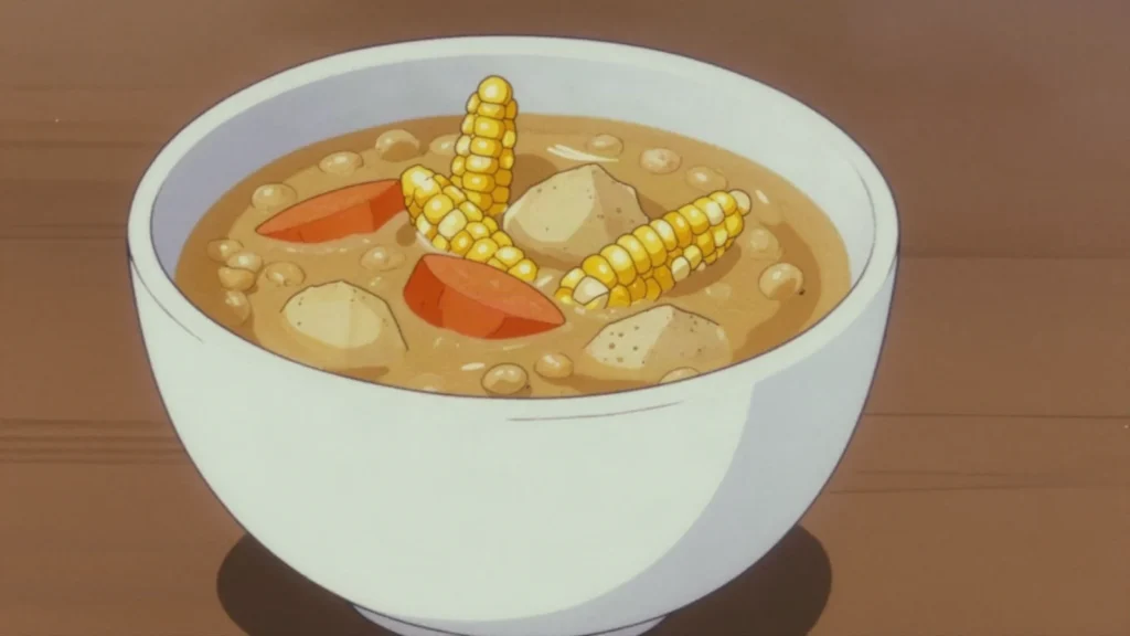 Corn soup, split-pea and corn-cob soup, late-night street staple, Trinidad and Tobago soup & stew, anime style