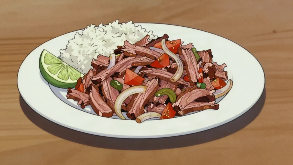 Corned Beef, tinned salt beef fried with onion and served over rice, Marshall Islands charcuterie & cured, anime style