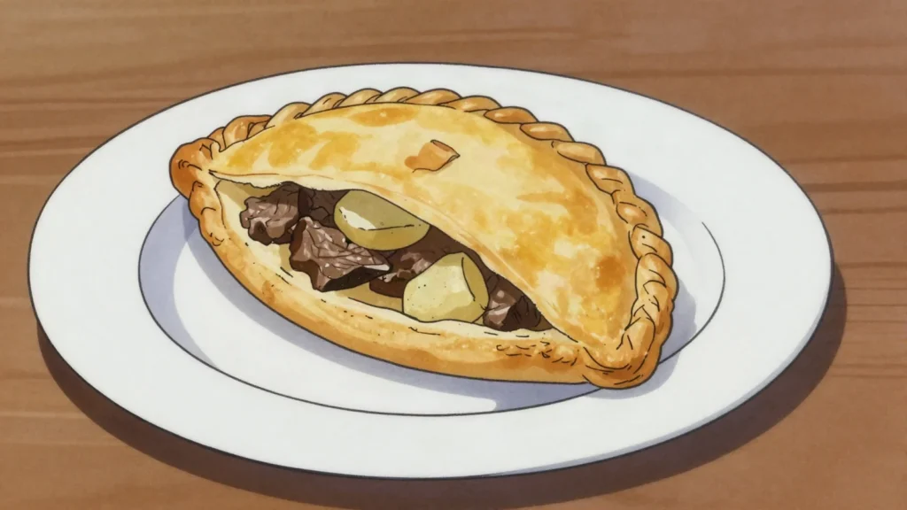 Cornish pasty, folded shortcrust pastry of beef, potato, swede, onion, United Kingdom snack, anime style