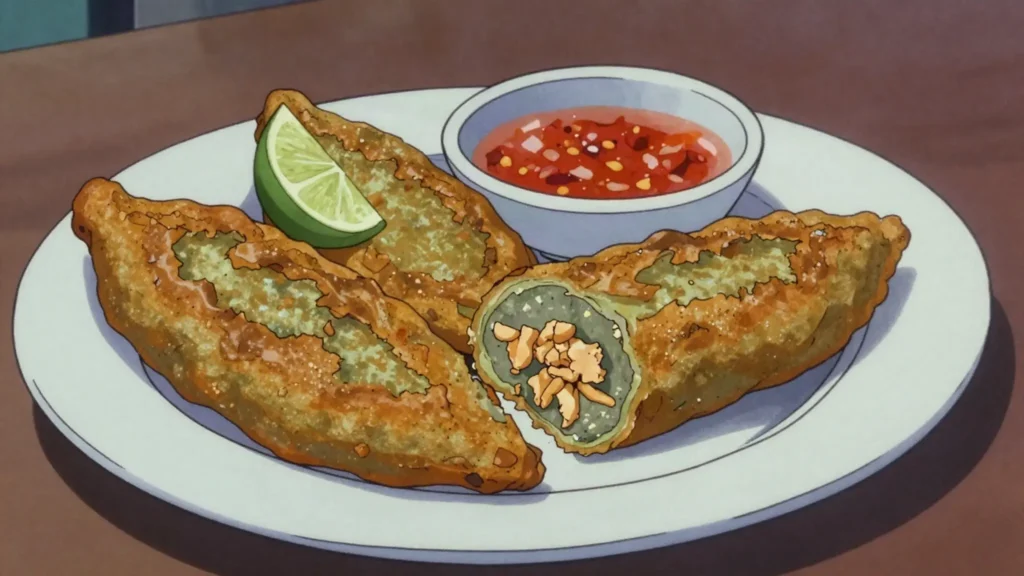 Corviche, fried ball of green plantain dough stuffed with fish and peanut, Ecuador street food, anime style