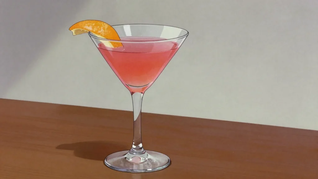 Cosmopolitan, citrus vodka, triple sec, cranberry and lime, served straight up, United States cocktail, anime style
