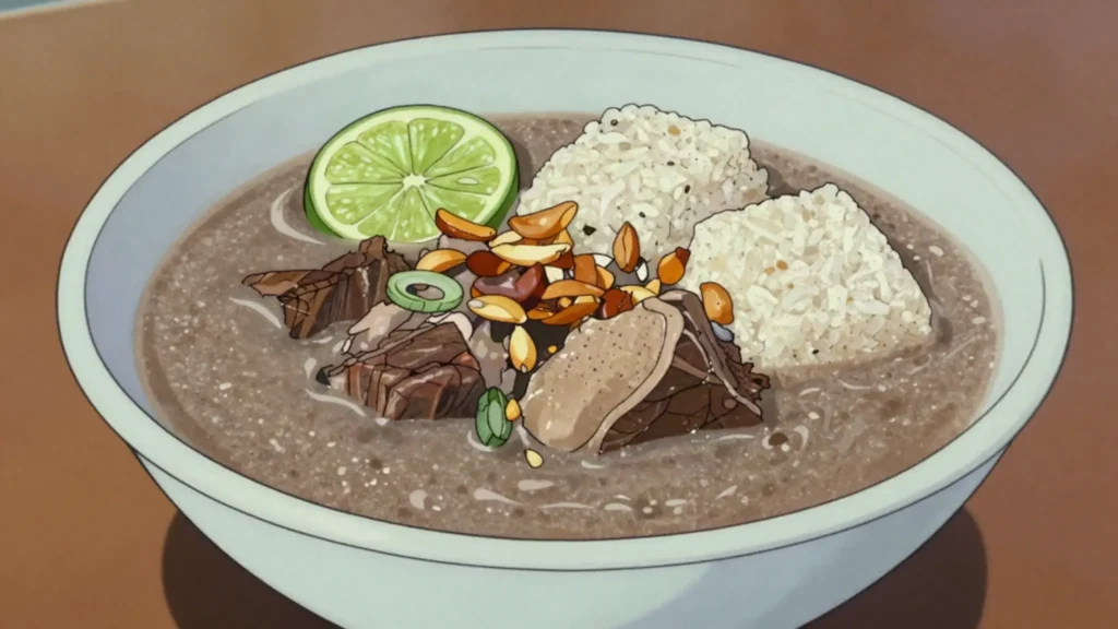 Coto Makassar, beef and offal soup thickened with ground peanuts and rice water, eaten, Indonesia soup & stew, anime style