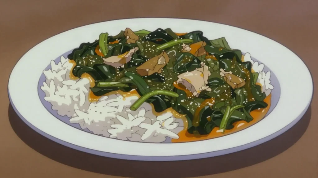 Country chop, mixed greens, meat and fish cooked down together in palm oil, over rice, Liberia main, anime style