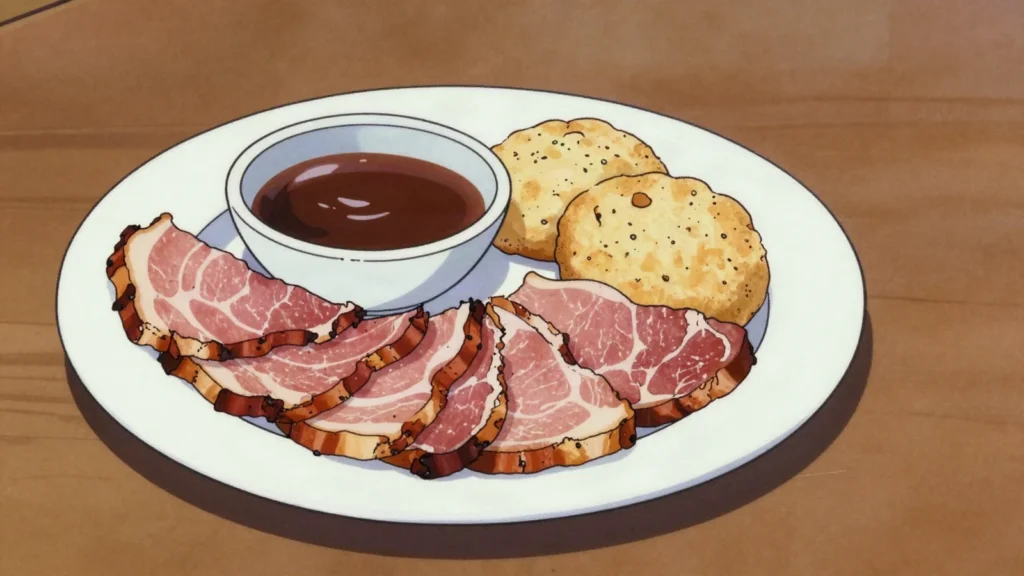Country ham, salt-cured, smoked and aged hog leg, sliced thin and fried with, United States charcuterie & cured, anime style