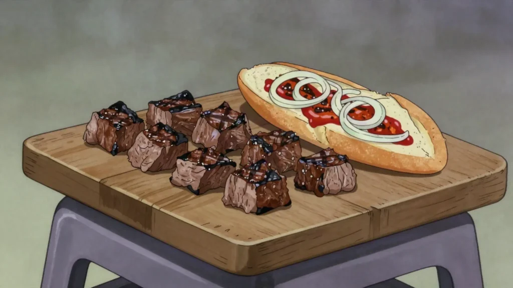 Coupé-coupé, roadside chopped grilled meat, often stuffed into baguette, Gabon street food, anime style