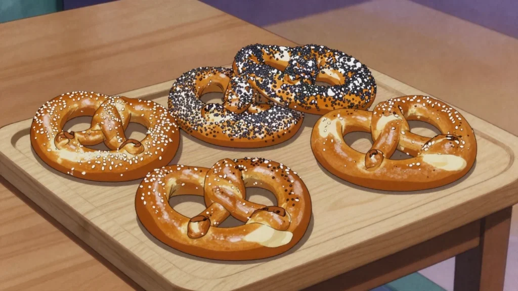 Covrigi, ring pretzels with sesame or poppy from street kiosks, Romania street food, anime style