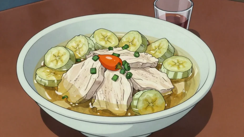 Cow cod soup, bull's genitals simmered with bananas, rum and pepper, Jamaica soup & stew, anime style
