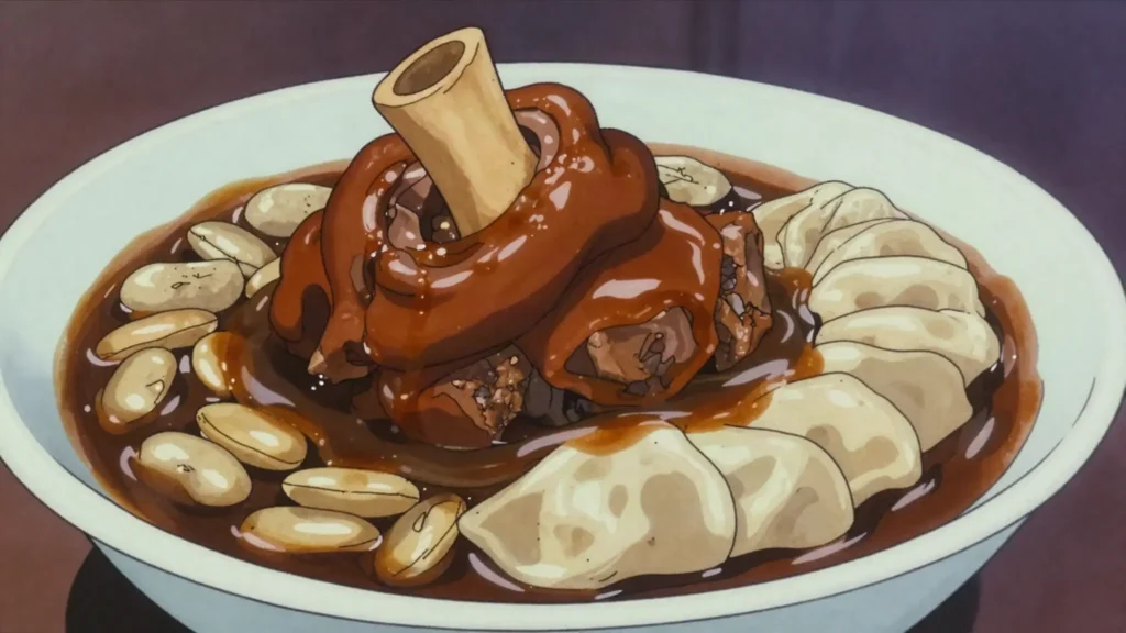 Cow foot, stewed cow's feet, sticky with gelatine, with broad beans and spinners, Jamaica main, anime style
