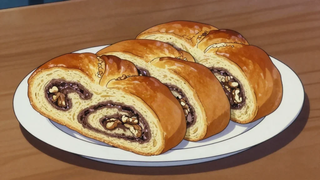 Cozonac, braided holiday sweet bread swirled with walnut-cocoa, Romania bread & pastry, anime style