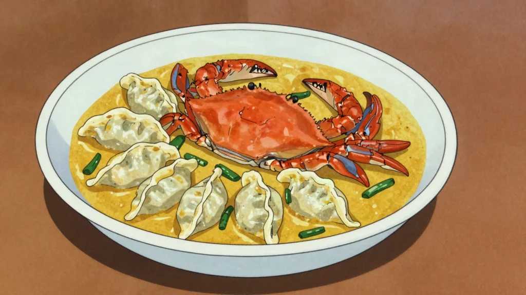 Crab and dumpling, curried crab with flat boiled dumplings, Tobago's pride, Trinidad and Tobago main, anime style