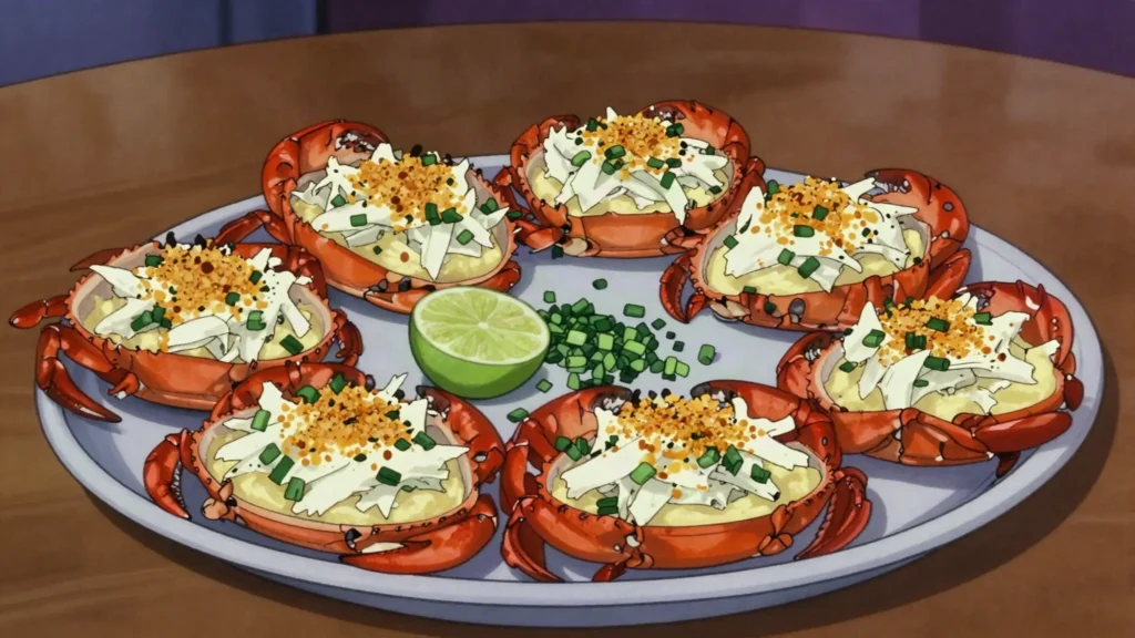 Crab backs, land-crab meat seasoned and baked in shells, Dominica snack, anime style