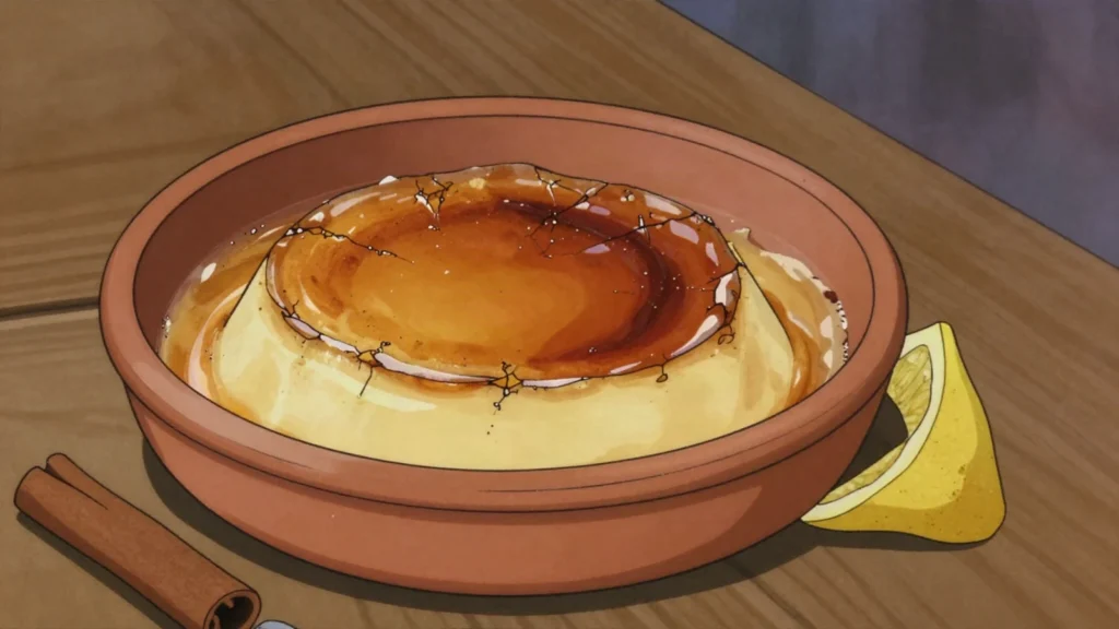 Crema catalana, chilled citrus custard under crackly burnt sugar, Spain dessert, anime style