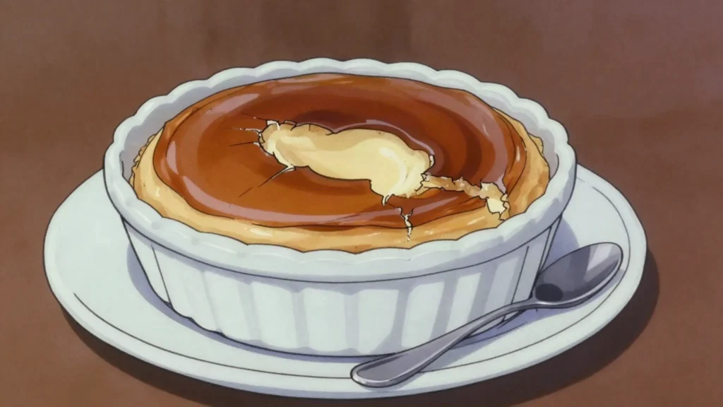 Crème brûlée, chilled vanilla custard beneath crackling burnt-caramel crust, France dessert, anime style