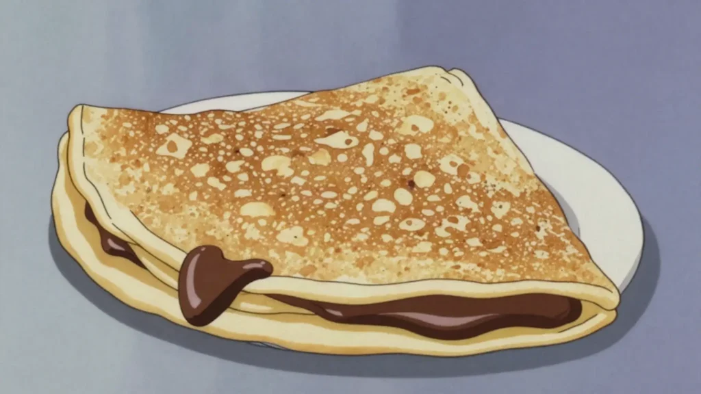 Crêpe, thin pancake folded around sugar, Nutella, or ham and cheese, France street food, anime style